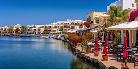 Naklejka premium The image is of a beautiful mediterranean village with colorful houses and boats in the marina. The sky is blue and the water is calm. The image is in the art style of realism and the subject is arch