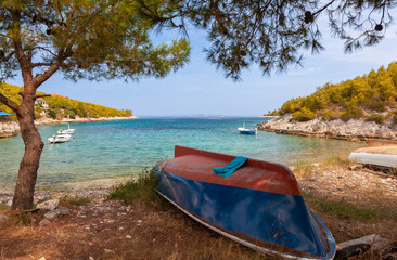 Boats on a Beach in a Tranquil Lagoon, Hvar Island, Croatia