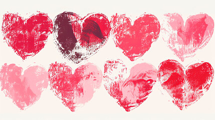 Vibrant watercolor hearts in red and pink, symbolizing love and romance; ideal for Valentine's Day and romantic themes.