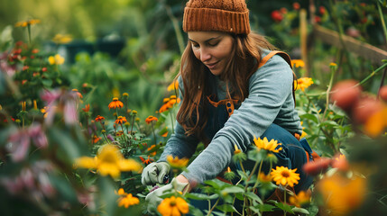 A female gardener at work pruning flowers in the fields. Gardening - obrazy, fototapety, plakaty