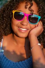 Beautiful Cute Mixed Race African American Girl Child Wearing Colorful Sunglasses - 762367208