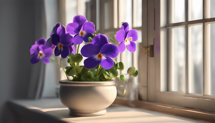 Blooming Saintpaulia. Saintpaulia flowers on the windowsill. Flowers in a pot. AI generated