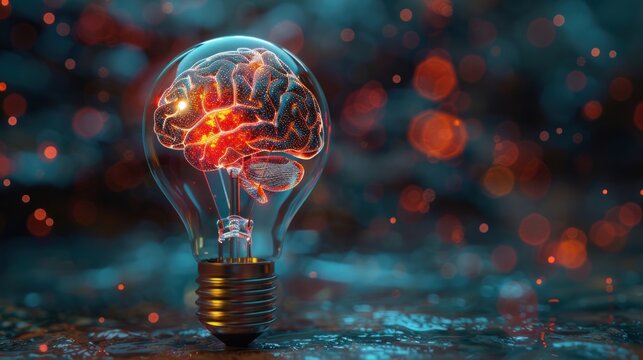 Virtual brain in light bulb education concept.creative thinking idea innovation strategy. AI generated image