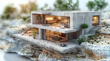 Sectional view of a drawing of an underground house with a multi-level layout. The space includes living rooms. Concept: underground dwellings, bunkers, innovative living spaces. - obrazy, fototapety, plakaty