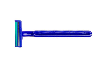 Blue disposable razor on empty background
