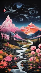 Mountain landscape with pink flowers and river. Pink mountains with river. Vertical orientation - obrazy, fototapety, plakaty