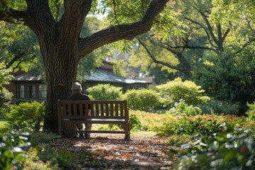 Senior man sitting on a wooden bench
