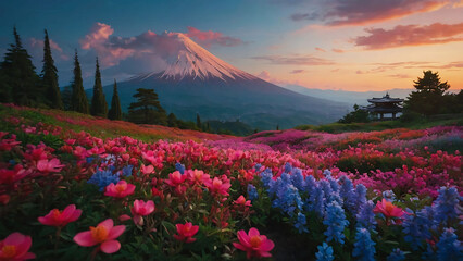 Japan anime scenery wallpaper featuring beautiful pink cherry trees and Mount Fuji in the background used for desktop