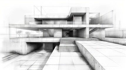 A contemporary, black and white architectural rendering showing a sectional view of a multi-level building interior that fits into the contour of the cliff, with living and public spaces clearly visib