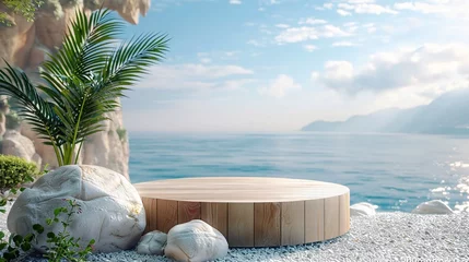 Foto auf Acrylglas Beach summer decoration Wooden product display podium for presentation © INK ART BACKGROUND