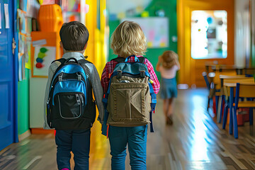 Elementary school students carrying backpacks in the classroom. AI technology generated image