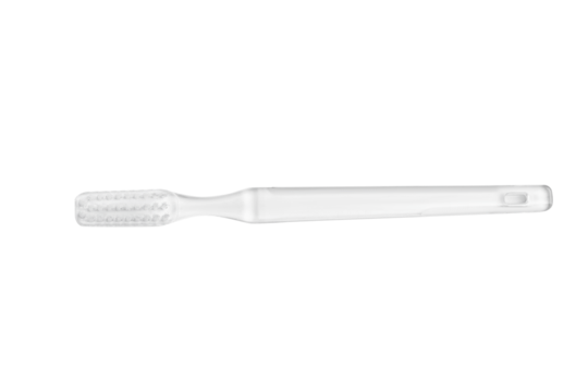 Disposable transparent toothbrush on empty background