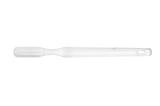 Disposable transparent toothbrush on empty background