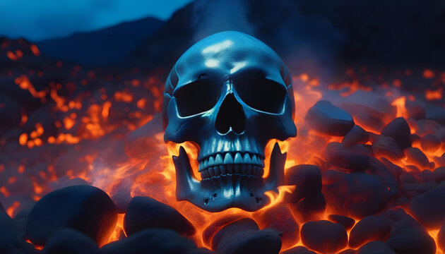 A still from a film with a skull on a backdrop of lava, smoke, and fiery embers in shades of blue and grey