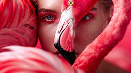 portrait of a person and a flamingo nexto to her face pink and red colors