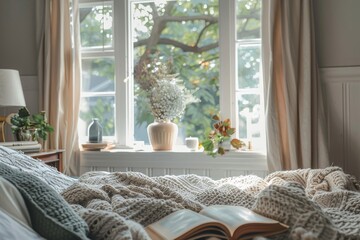 Cozy bedroom with plants and morning light. A well-lit, inviting bedroom with wooden furniture, green houseplants, and warm morning sunlight streaming in through the bay windows