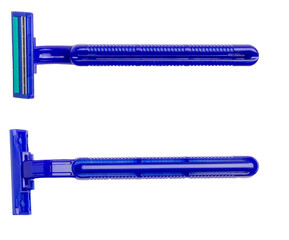 Blue disposable razor on empty background