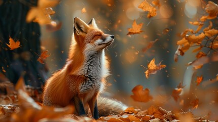 Red Fox, Vulpes vulpes in fall forest - obrazy, fototapety, plakaty