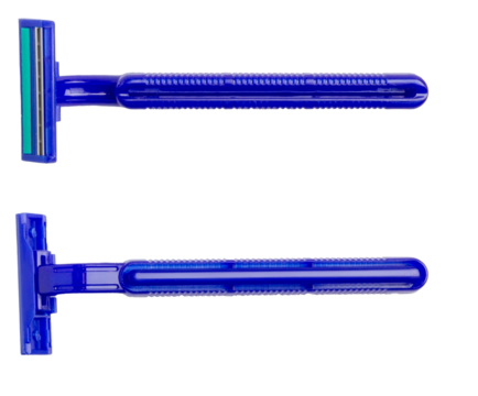 Blue disposable razor on empty background