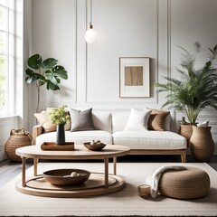 Interior of modern living room with white walls, beige sofa, round coffee table and plants.  - obrazy, fototapety, plakaty