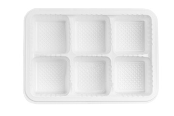 Disposable plastic container with cells on empty background