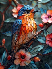 Hyper-realistic stained glass, vibrant birds and flowers, highly detailed, sharp focus, in an artist's intricate style