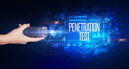 hand holding wireless peripheral, cyber security concept