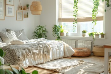 Cozy bedroom with plants and morning light. A well-lit, inviting bedroom with wooden furniture, green houseplants, and warm morning sunlight streaming in through the bay windows