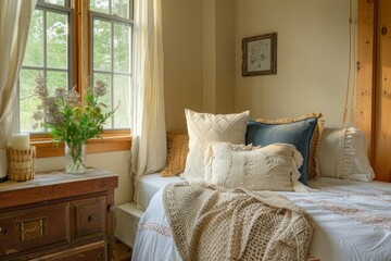 Cozy bedroom with plants and morning light. A well-lit, inviting bedroom with wooden furniture, green houseplants, and warm morning sunlight streaming in through the bay windows