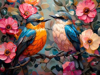 Stained glass artwork, two birds among flowers, vibrant, intricate details, sharp focus, hyper-realistic artist style