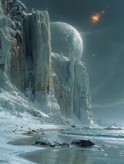 Stark Trisolaran terrain, sun-blazed and icy halves, central adapting creature, dual stars above