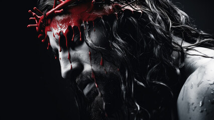 Artistic Interpretation of Jesus Adorned with Crown of Thorns, Blood Trailing, in Shadow
 - obrazy, fototapety, plakaty