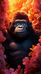 Cute gorilla isolated on red floral background. Gorilla surrounded by flowers. Vertical orientation - obrazy, fototapety, plakaty