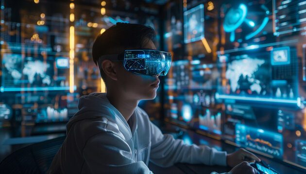 An Asian man wearing a VR headset with a hologram in front of him, writing code or hacking in a control room surrounded by computer screens and projections