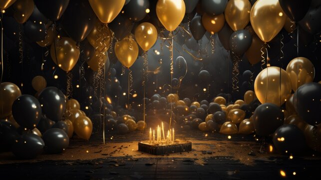 Celebration of a birthday with cake, confetti and balloons. Cake with gold and black balloons.