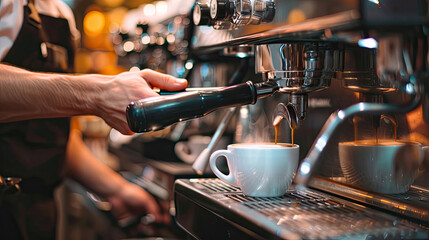 Fototapeta na wymiar Professional barista preparing perfect cappuccino in the cafe bar.