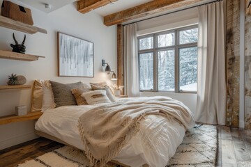 Fototapeta premium Cozy bedroom with plants and morning light. A well-lit, inviting bedroom with wooden furniture, green houseplants, and warm morning sunlight streaming in through the bay windows