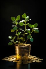 Green plant with sprouting coins isolated on black background. Vertical orientation - obrazy, fototapety, plakaty