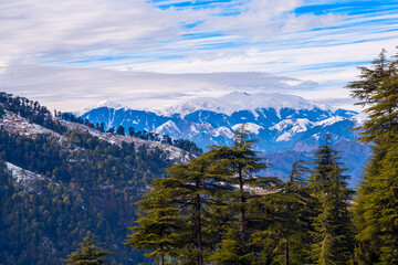 Landscape with snow. A scenic village in the backdrop of the Himalayan mountains. Chamba, Himachal...