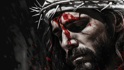 Illustration of Jesus Wearing Crown of Thorns, Blood Oozing, Amidst Darkened Background

