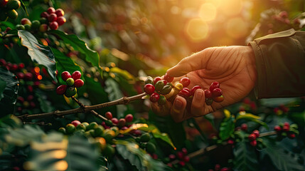 red coffee beans Field Plantation farm picking.harvesting Robusta and arabica coffee berries by agriculturist hands,Worker Harvest arabica coffee berries on its branch, harvest conce.