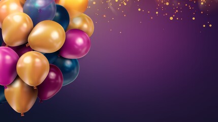 Purple birthday background with golden balloons and confetti. Copy space. Banner with balloons