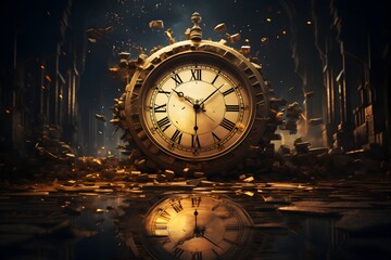 Illustration with an exploding clock, with its pieces scattering amidst a golden haze. It reflects the concept of time shattering and its impermanent nature.