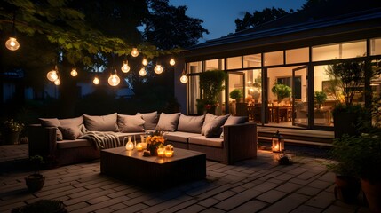 View over cozy outdoor terrace with outdoor string lights. Summer evening on the patio of beautiful suburban house with lights in the garden. - obrazy, fototapety, plakaty