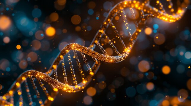 A detailed representation of DNA strands, emphasizing their helical structure. The play of lights adds depth and complexity, illustrating the intricate nature of genetic information.