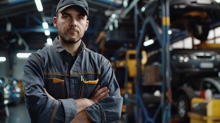 Obraz premium Male auto technician standing with arms crossed in car repair workshop, ready to serve customer
