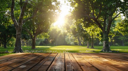 wood table top food stand with blur green park tree background bokeh light