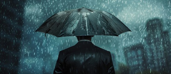 A fictional character in a suit holding an electric blue umbrella in the midnight rain, creating a symmetrical image against the darkness of the natural landscape - obrazy, fototapety, plakaty