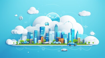 Social networking city and town with automation car on the world symbols moving from buildings to cloud using wifi. Vector illustration, penology, communication, generation, modern,
