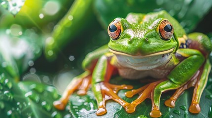 Red-eyed tree frog on leaves, close-up - obrazy, fototapety, plakaty